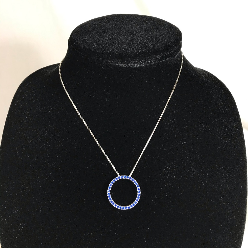 Silver CZ Circle 15" Necklace Blue Gem Stones Gift